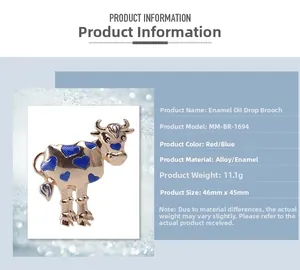 Detail view of the enamel cow brooch with dimensions 46mm by 45mm and 11.1g weight