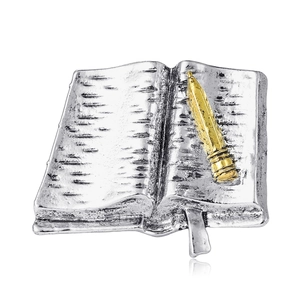 Vintage style open book brooch pin with golden pencil detail in silver alloy finish