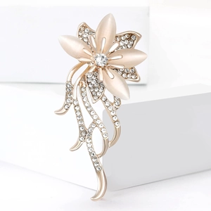 Elegant Alloy Flower Brooch With Rhinestone And Artificial Cat's Eye Stone Tassel Corsage Pin For Women Suit Coat Jewelry