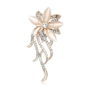 Elegant floral cat eye stone brooch with sparkling crystals in gold finish