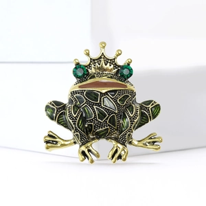 Vintage gold frog prince brooch with green rhinestones and enamel details for clothing