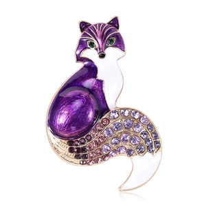 Elegant gold-tone fox brooch with purple gradient enamel and sparkling rhinestones
