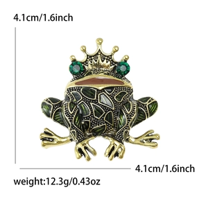 Retro frog prince brooch with green rhinestones and crown, 4.1cm size and weight specs