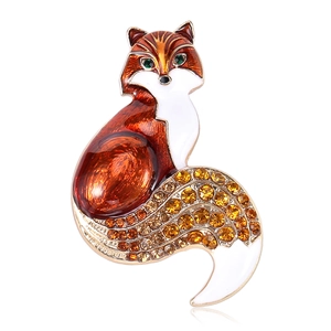 Elegant fox brooch with orange enamel and sparkling crystals in gold alloy finish