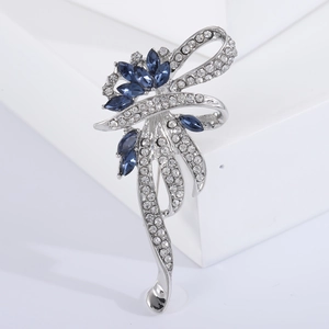 Broche nœud élégante en argent avec cristaux bleus et strass pour vêtements