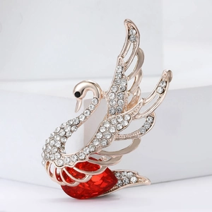 Elegant Alloy Rhinestone Swan Brooch For Women Red Heart Crystal Inlaid Suit Coat Corsage Fashion Jewelry Accessories Pin