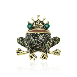 Vintage Green Enamel Frog Prince Brooch With Crown Rhinestone Eyes Alloy Animal Pin For Unisex Fashion Jewelry Accessory