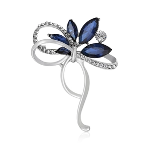 Broche nœud élégante ton argent avec cristaux marquise bleu foncé et strass blancs