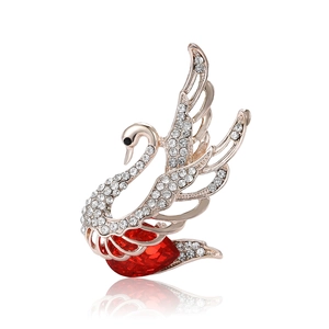 Elegant swan brooch with white rhinestones and red heart gemstone in rose gold finish
