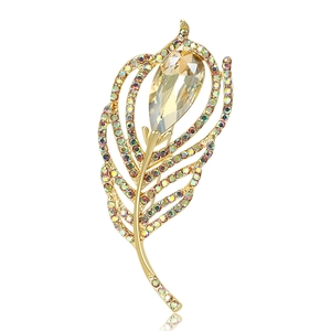 Elegant Alloy Feather Brooch Rhinestone Inlaid Crystal Pin For Women Wedding Banquet Suit Dress Fashion Brooch Accessory