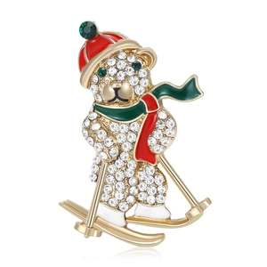 Broche Ours de Ski en Alliage de Luxe avec Strass Épingle en Émail Animal Mignon pour Femmes Accessoires de Vêtements de Festival de Noël