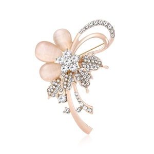 Élégante Broche Fleur Pour Femmes Alliage Or Rose Pierre d'Œil de Chat Artificielle Rose Strass Épinglette Bijoux Accessoire