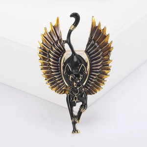 Exotic Egyptian black cat winged brooch with gold-plated details and black enamel