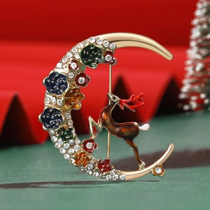 Christmas Elk Moon Brooch For Women Gold Alloy Rhinestone Enamel Flower Crescent Reindeer Fashion Jewelry Pin Accessory Gift