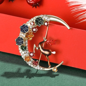 Elegant Christmas moon and reindeer brooch with colorful enamel flowers and crystals