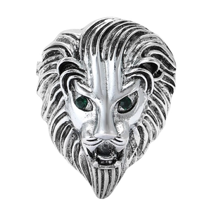 Vintage silver lion head brooch for men with green crystal eyes and antique finish