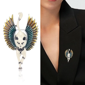 Exotic winged cat brooch with colorful enamel wings and white cat body for suits
