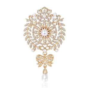 Vintage Luxury Alloy Rhinestone Wheat Ear Bowknot Artificial Pearl Brooch Elegant Banquet Wedding Party Jewelry Pin For Women Accessories