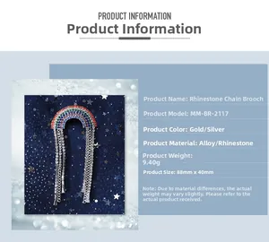 Detailed infographic showing multi-color rhinestone rainbow brooch with tassel and size data