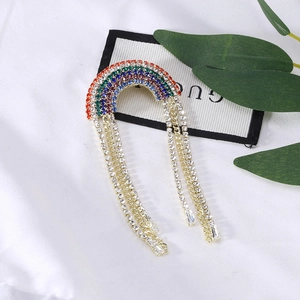 Chic rainbow tassel brooch with gradient rhinestones and hanging diamond chains