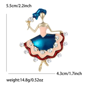 Detail view of crystal ballet girl brooch showing size of 5.5cm height and 4.3cm width