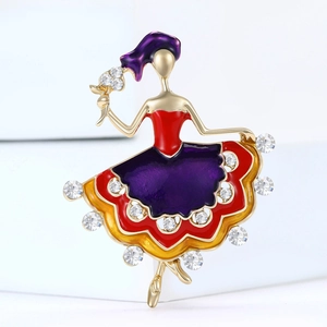 Elegant enamel ballet dancer brooch with sparkling rhinestones on golden metal base
