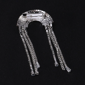 Silver rhinestone fringe brooch with tassel chains and safety pin closure for suits