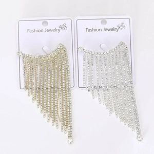 Detail of long fringe rhinestone drop earrings in silver and gold finishes