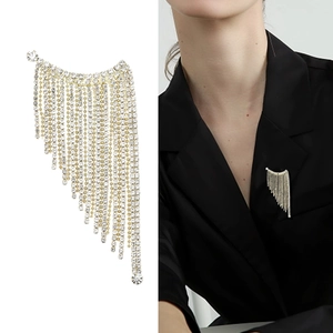 Elegant gold tassel brooch with sparkling rhinestones for blazers and suits