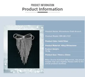 Detail showing dimensions and specifications of silver bowknot tassel brooch with rhinestones