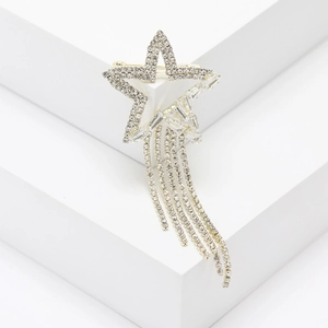 Elegant gold-tone star brooch with sparkling tassel fringes and pavé rhinestones