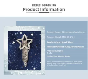 Detailed dimensions of crystal star tassel brooch showing size 84mm by 42mm