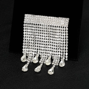 Détail d'une broche à franges en strass argentés avec cristaux en poire et pompons brillants