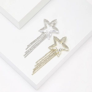 Elegant star tassel brooch set with sparkling rhinestones in gold and silver finishes