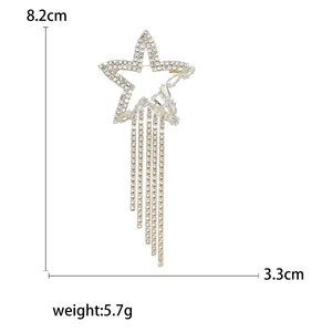 Star tassel brooch with silver finish and white crystals, 8.2cm long fringe jewelry