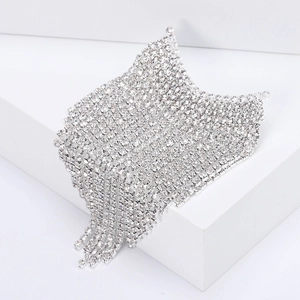 Dettaglio della spilla a frange d'argento con strass scintillanti su espositore minimale