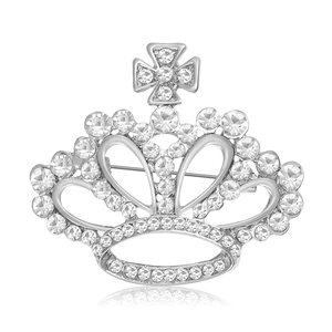 Broche couronne argentée avec strass et croix pour costumes et robes de soirée