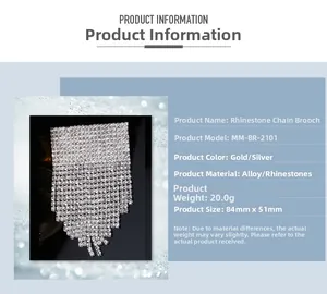 Detailed rhinestone fringe brooch dimensions 84mm by 51mm with alloy base material