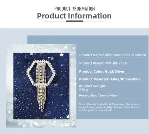 Detailed chart showing gold and silver rhinestone tassel brooch dimensions 72mm by 40mm