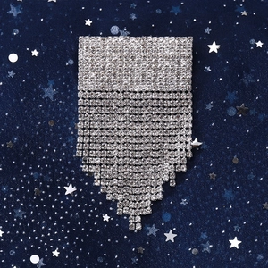 Detail view of silver rhinestone tassel brooch with shining crystals on starry background