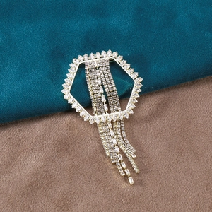 Elegant Geometric Hexagon Tassel Brooch For Women Gold Color Rhinestone Inlaid Fashion Clothes Accessory Jewelry Gift