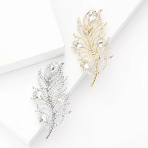 Elegant Alloy Feather Brooch With Artificial Pearls And Waterdrop Rhinestones Luxury Hollow Pin For Women Dress Jewelry Accessories