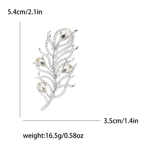 Detailed size chart of feather brooch with rhinestones and faux pearls 5.4cm by 3.5cm