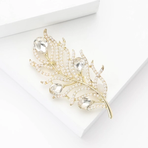 Elegant gold feather brooch with white pearls and sparkling crystal rhinestones for women