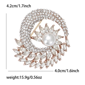 Detailed dimensions of rose gold floral brooch with pearls and rhinestones