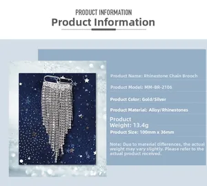 Detailed product specifications for the rhinestone fringe brooch featuring size and weight