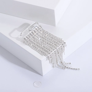 Detailed view of silver rhinestone tassel brooch with elegant draping on white stand