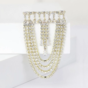 Elegant silver tassel brooch featuring multi-layer rhinestones for luxury evening wear