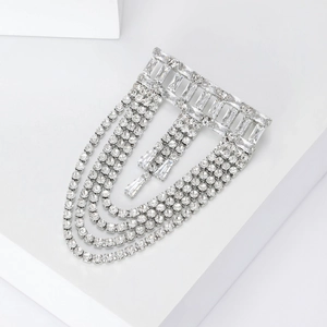 Luxury geometric silver layered tassel brooch with shimmering clear rhinestones and crystals
