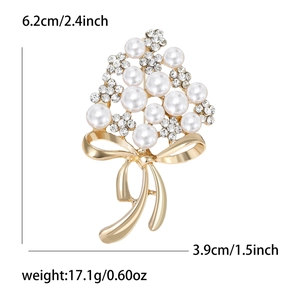 Elegant gold flower bouquet brooch with white pearls and sparkling crystals for women
